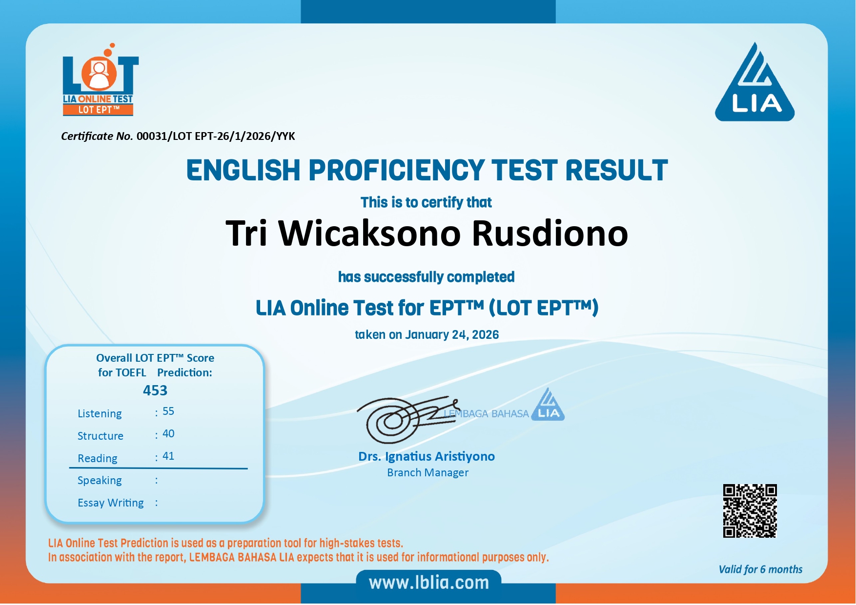 Sertifikat LIA TOEFL — LIA Online Test for EPTTM